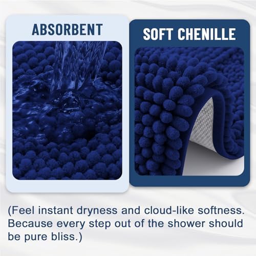 Grandaily Chenille Striped Bathroom Rugs 47x20, Extra Thick and Soft Absorbent Bath Mats, Rubber Backing, Plush Shaggy Shower Carpet, Machine Wash Dry, Bath Rug for Bathroom, Navy Blue