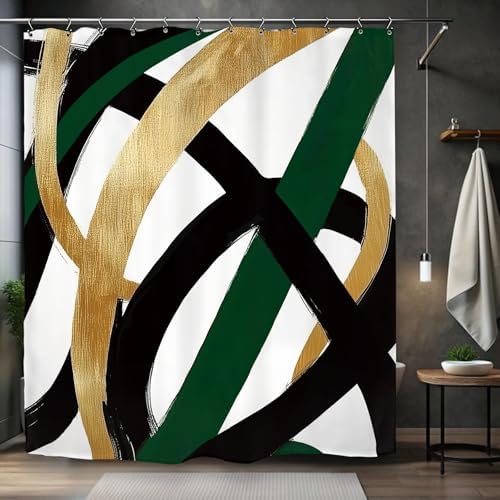 Abstract Modern Minimalist Shower Curtain 60Wx72L Inch Black Emerald Green Gold Line Contemporary Art Neutral Simple Bathroom Set Accessories Decor with 12 Pack Hooks