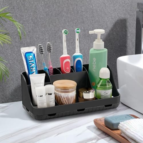 GFWARE Black Toothbrush Holder - 7 Slots Bathroom Organizer Countertop with Drainage Matte Black Electric Toothbrush and Toothpaste Holder for Bathroom Accessories Organization Vanity Sink Storage