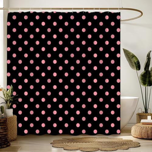 Polka Dot Shower Curtain Pink Spot Black Retro Vintage Fabric Decorative Bathroom Curtains with Hooks,75" Wx70 H