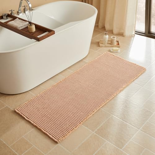 Triohero Waffle Runner Rug Bathroom, Long Boho Bath Mat, 24x60 Light Peachy
