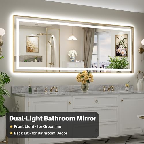 96X36 Inch LED Bathroom Mirror with Gold Frame, Backlit & Front Lit