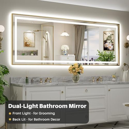 96X36 Inch LED Bathroom Mirror with Gold Frame, Backlit & Front Lit