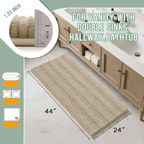 Yimobra Bathroom Rug Mat 44 x 24, Non Slip and Super Absorbent Bath Mat,Machine Washable Quick Dry,Ultra Plush Chenille Shower Rugs for Bathroom Floor Sink Tub and Shower Outside,Camel