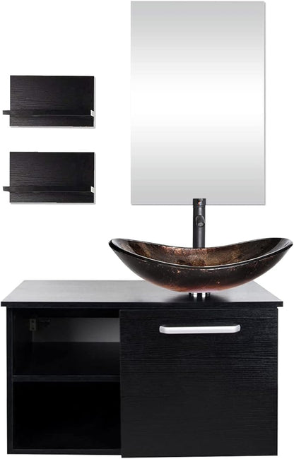 YOURLITE 28" Wall Mounted Bathroom Vanity Modern Lavatory Wood Cabinet with Mirror Oval Gold Boat Tempered Glass Sink Combo Vanities Set
