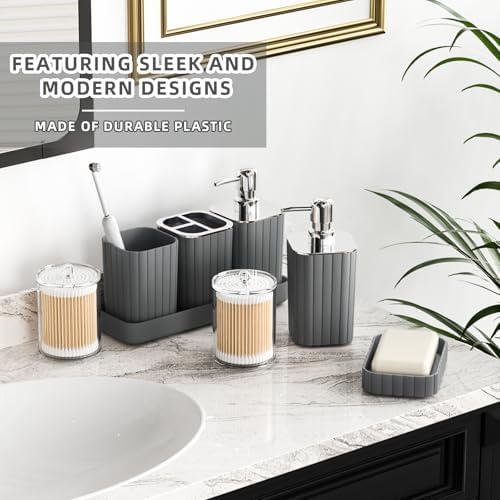 XLHOMO Bathroom Accessories Set- 25PC Grey Bathroom Set, Bathroom Set with Shower Curtain and Rugs, Shower Curtain Set, Toilet Brush, Trash Can, Qtip Holder Dispenser & Soap Dispenser