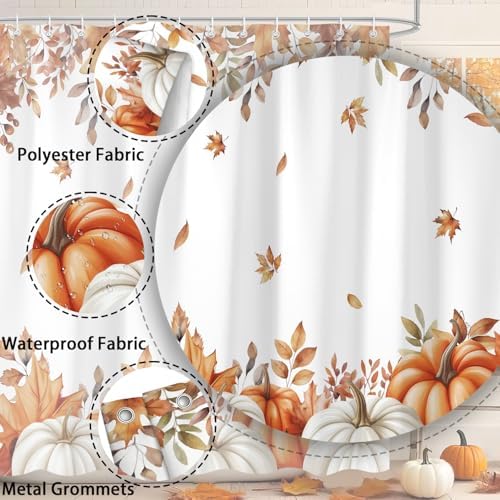 Fall Pumpkins Shower Curtain, Autumn Maple Leaf Leaves Harvest Thanksgiving Farmhouse Bathr Curtains Set,Waterproof Fabric Bathroom Curtains Decor 72 X 72 Inch