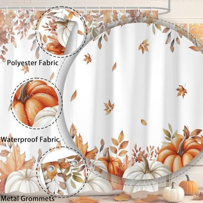 Fall Pumpkins Shower Curtain, Autumn Maple Leaf Leaves Harvest Thanksgiving Farmhouse Bathr Curtains Set,Waterproof Fabric Bathroom Curtains Decor 72 X 72 Inch