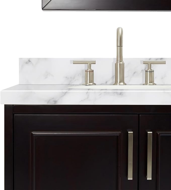ARIEL Stafford 84-inch Bathroom Vanity with Sink,Solid Wood, 1.5-inch Italian Carrara Marble Countertop & Backsplash, Double Oval Porcelain Sink, 5 Soft Closing Doors, 6 Dovetail Drawers, Espresso