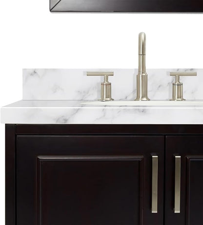 ARIEL Stafford 84-inch Bathroom Vanity with Sink,Solid Wood, 1.5-inch Italian Carrara Marble Countertop & Backsplash, Double Oval Porcelain Sink, 5 Soft Closing Doors, 6 Dovetail Drawers, Espresso
