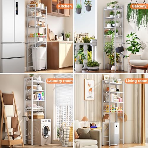 Over-The-Toilet Storage Rack, 4-Tier Bathroom Organizer Shelf Over Toilet with Adjustable Shelf and Basket, Freestanding Space Saver Bathroom Shelves Above Toilet for Room (Pure White)