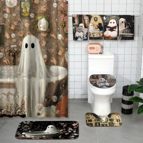 FuWeave 8 Pcs Halloween Shower Curtain Set, Vintage Ghost Black Cat Bathroom Decor with Floral Pattern, Include Non-Slip Bath Mat, Toilet Lid Cover, Towels and 12 Hooks for Spooky Gothic Bathroom