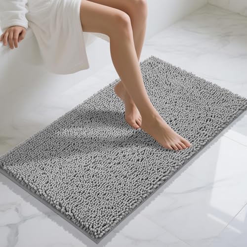 Yimobra Long Bathroom Rugs 44"x24", Extra Soft Non Slip Bath Mat for Tub, Super Absorbent Quick Dry Shaggy Rug Floor Carpet, Machine Washable,Gray