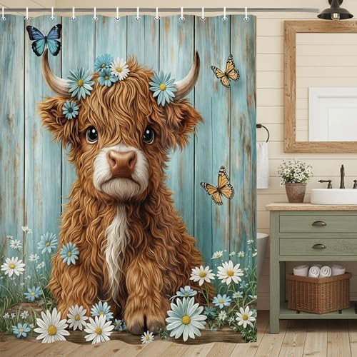 Cow Shower Curtain, Farmhouse Rustic Floral Daisy Funny Highland Cow Shower Curtains for Bathroom, Cute Calf Country Farm Animal Bathroom Decor with Hooks, 60x72 inch