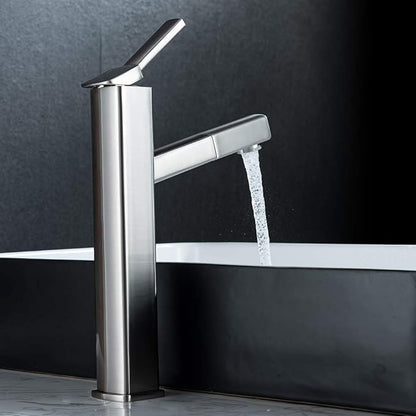KAIYING Pull Down Vessel Sink Faucet, Single Handle Tall Bathroom Faucet with Pull Out Sprayer, Single Hole High Vanity Basin Mixer Tap, Lavatory Utility Sink Faucets (Tall, Brushed Nickel)