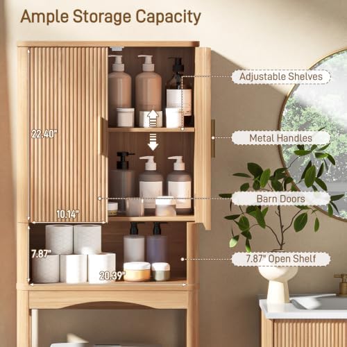Vabches Farmhouse Over the Toilet Storage Cabinet with 2 Fluted Doors, Oak