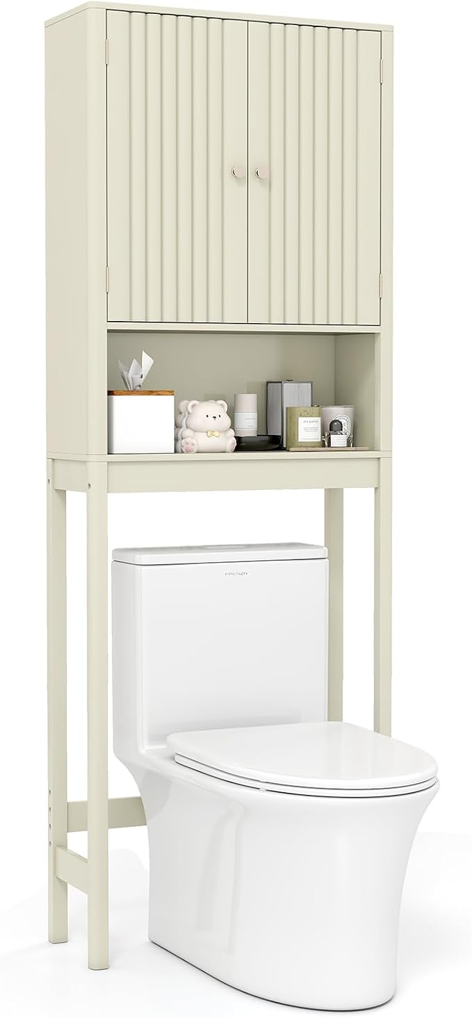 GIANTEX Over The Toilet Storage Cabinet, Bathroom Organizer w/Fluted Doors, Adjustable Shelf&Bottom Bar, Open Storage Cube, Space-Saving Above Toilet Storage Cabinet for Laundry (Cream White)