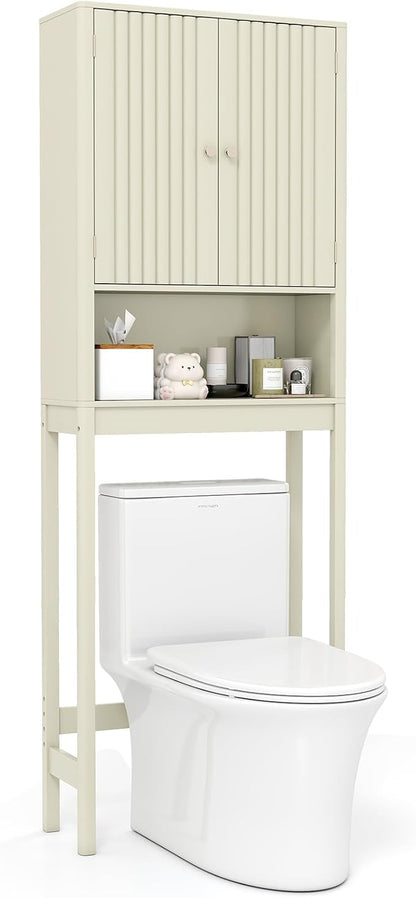 GIANTEX Over The Toilet Storage Cabinet, Bathroom Organizer w/Fluted Doors, Adjustable Shelf&Bottom Bar, Open Storage Cube, Space-Saving Above Toilet Storage Cabinet for Laundry (Cream White)