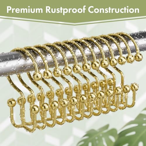 Amazer Gold Shower Curtain Hooks, 12PCS Minimalist Simple Double Shower Curtain Rings, Rust-Resistant Metal Shower Hooks Shower Curtain Hangers, Shower Rings for Bathroom Shower Rods Curtains