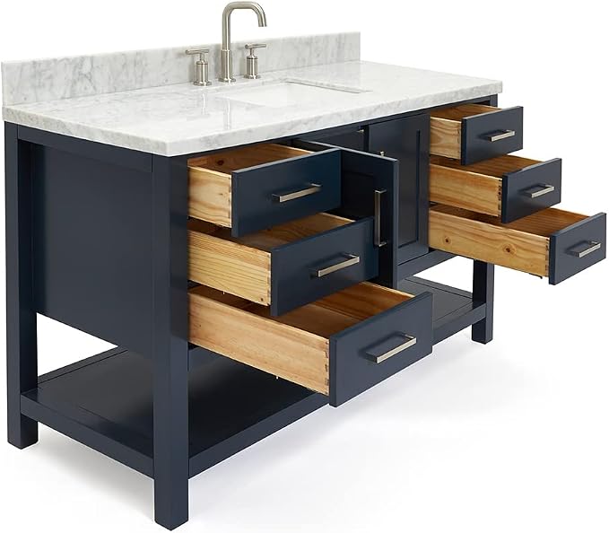 DKB Olivia 54-Inch Midnight Blue Bathroom Vanity with Sink, 1.5-Inch Italian Carrara Marble Countertop & Backsplash, Rectangular Sink, 2 Soft-Closing Doors, 6 Dovetail Drawers, Brushed Nickel
