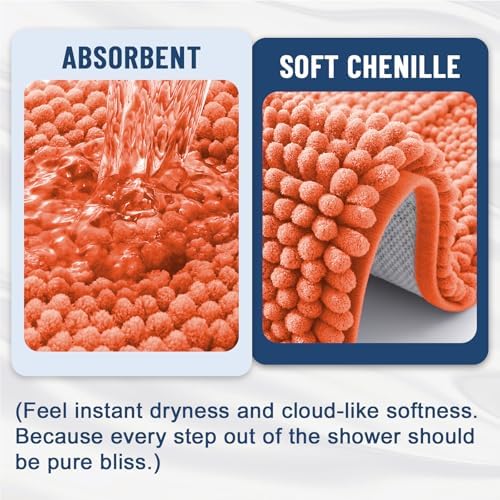 Grandaily Chenille Striped Bathroom Rugs 30x20, Extra Thick and Absorbent Bath Mats, Non-Slip Soft Plush Shaggy Shower Carpet, Machine Wash Dry, Bath Rug for Bathroom, (Medium, Coral Orange)