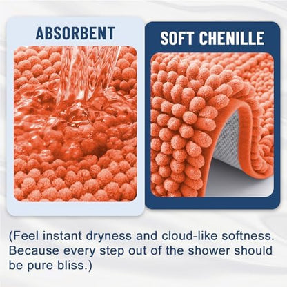 Grandaily Chenille Striped Bathroom Rugs 30x20, Extra Thick and Absorbent Bath Mats, Non-Slip Soft Plush Shaggy Shower Carpet, Machine Wash Dry, Bath Rug for Bathroom, (Medium, Coral Orange)