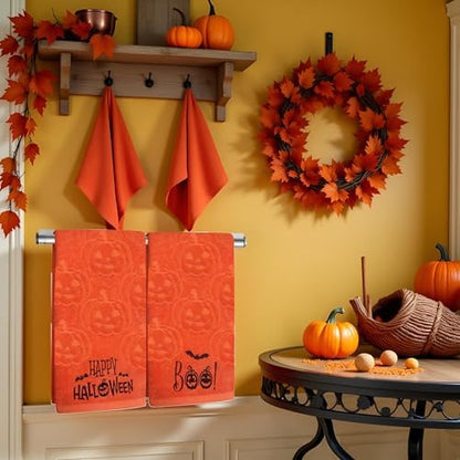 2 Pack Halloween Hand Towels 100% Cotton Jacquard Ghost Halloween Kitchen Towels White Bathroom Towels Set Seasonal Bathroom Decor (Yellow Pumpkin, Halloween)