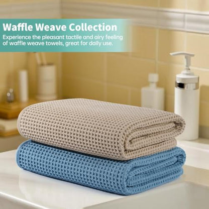 Microfiber Waffle Bath Towels, 4 Pieces, Soft, Absorbent, Fast Drying, Lint Free 430 GSM (27''x55''/68.58 cm x139.7 cm) (Beige+Blue)