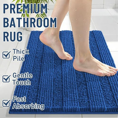Grandaily Chenille Striped Bathroom Rugs 44x24, Extra Thick and Soft Absorbent Bath Mats, Rubber Backing, Plush Shaggy Shower Carpet, Machine Wash Dry, Bath Rug for Bathroom, Deep Navy Blue