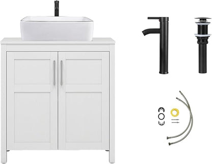 YOURLITE Bathroom Vanity with Sink,30" White Bathroom Vanity Cabinet with White Ceramic Sink Faucet & Pop Up Drain Set