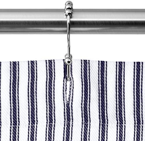 Navy Blue and White Ticking Stripe Woven Cotton Shower Curtain Extra Long 72 Inches W x 84 Inches L