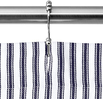 Navy Blue and White Ticking Stripe Woven Cotton Shower Curtain Extra Long 72 Inches W x 84 Inches L