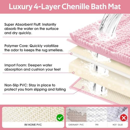 ACCUMTEK Christmas Striped Pink Bathroom Rug Set 3 Pieces Ultra Soft, Non Slip Chenille Toilet Mat, Absorbent Plush Shaggy Bath Mats for Bathroom, Bedroom, Kitchen