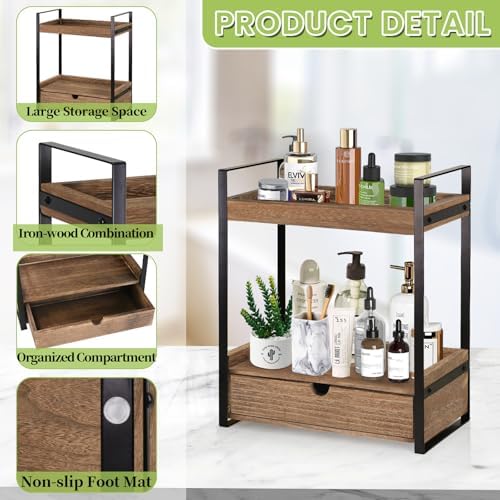 Ukonvi 2-Tier Bathroom Organizer Countertop with Drawer, Wood Counter Shelf for Storage, Vanity Tray for Organization and Decor, Countertop Organizer for Bathroom, Kitchen, Office (Dark Brown)