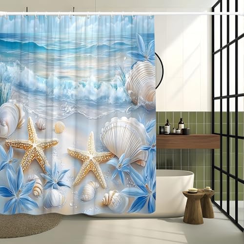 Beach Starfish Shower Curtain Sea Waves Seacoast Scenery with Sand with Various Seashells Scallop Conch Tropics Seaside Summer Coastal Ocean Theme Decorative Curtain Polyester Fabric