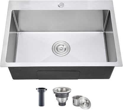 28x18 Inch Drop-in Kitchen Sink 18 Gauge Stainless Steel | Single Bowl Single Hole Topmount Sink with Brushed Finish, 28"x18"x9" Large Basin for Family Kitchen, Bar and Prep Area