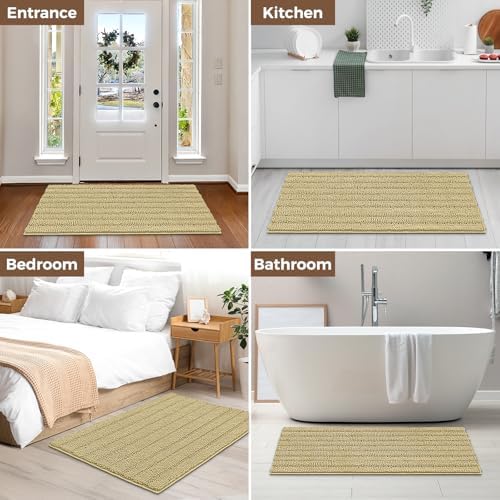 Bcoimo Bath Rug Mat,Beige Chenille High Absorbent Long Bathroom Runner Rugs
