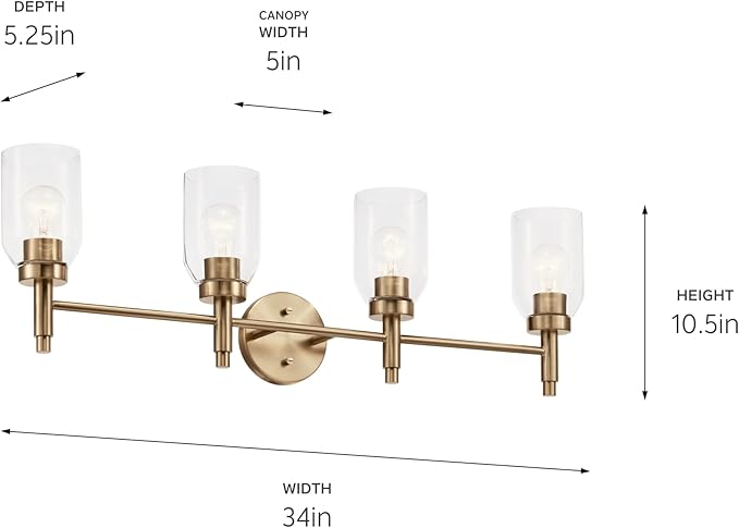 Kichler Madden 4-Light Vanity with Clear Glass in Champagne Bronze, Sloped Ceiling Compatible, for Single or Double Vanity in Bathroom (10.5" x 34"), 55186CPZ