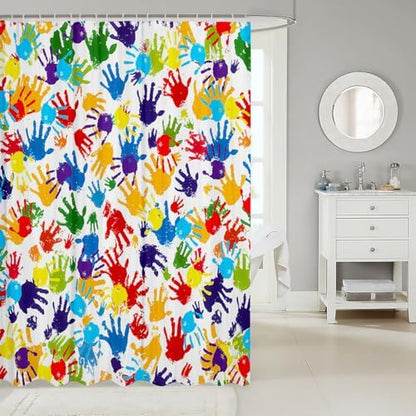 Feelyou Cute Handprint Shower Curtain Kids Boys Girls Watercolor Rainbow Bathroom Waterproof Accessories with 12 Hooks 72x72 Inches Modern Colorful Hand Shapes Abstract Decoration