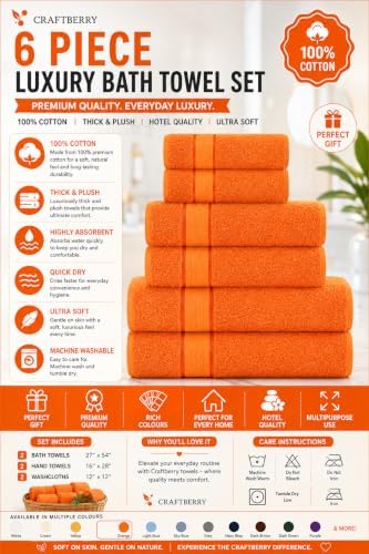 6 Piece Bath Towel Set, 2 Bath, 2 Hand, 2 Washcloths, Orange