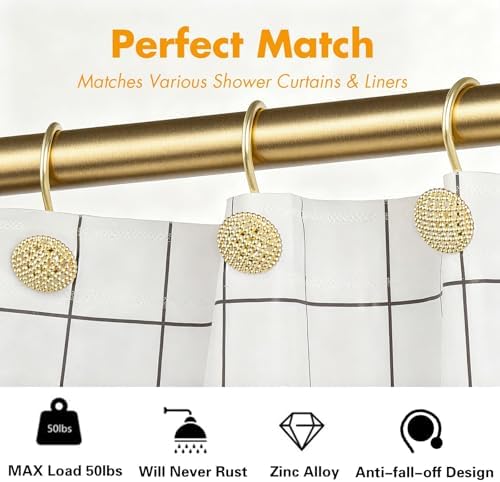 Pearlbee Gold Shower Curtain Hooks, 12Pcs Rustproof Heavy Duty Zinc Alloy