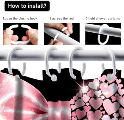 AZHM 4pcs Heart Bow Bathroom Shower Curtain Set with Rugs and Accessories