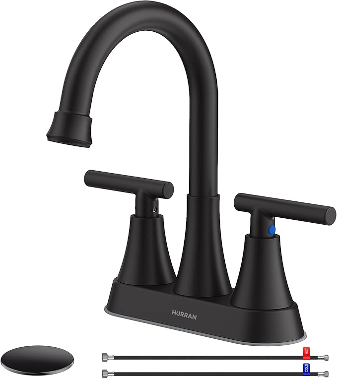 Black kitchen faucet set with handles and supplies on a white background