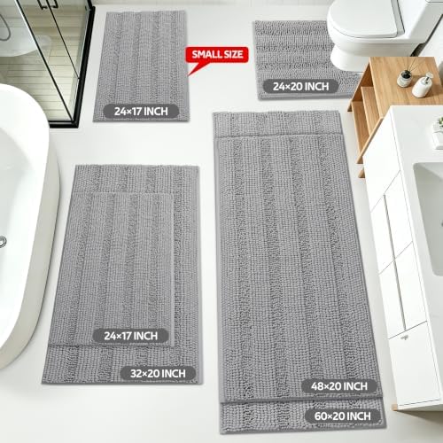 Striped Light Grey Bathroom Rug Mat Set 2 piece 24"x17"+48"x20" Ultra Soft, Non Slip Chenille Bath Rugs, Absorbent Plush Shaggy Bath Mats for Bathroom, Bedroom, Kitchen, Shower, Tub,Light Gray
