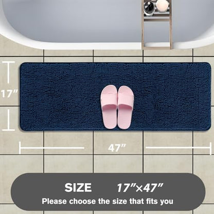 Bathroom Runner Rug 47 x 17 Inch – Long Bath Mat | Absorbent and Washable Thick Chenille Bath Rug Non-Slip Runner Rug for Bathroom, Shower, Sink(Navy Blue)