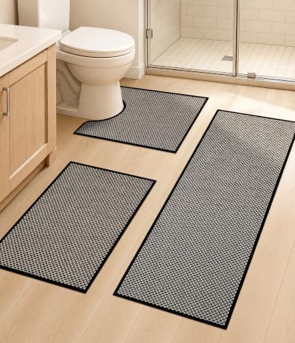 YIHOUSE Black Bathroom Rugs Sets 3 Pieces,Thin Bath Mat Quick Dry