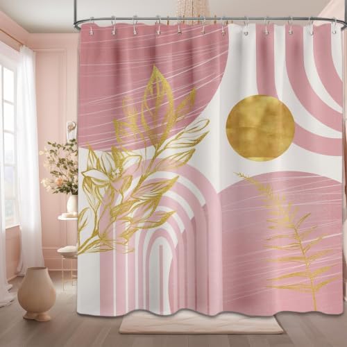 Light Pink and Gold Shower Curtain, 72x72 in, Mid Century Modern Girls