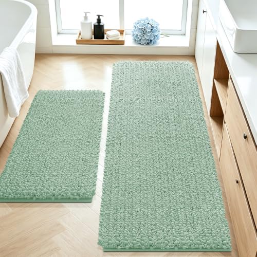 ACCUMTEK Upgrade Luxury 2 Piece Sage Green Toilet Bathroom Rug Mat 48"x20"+24"x17", Ultra Soft Thick Absorbent Bath Mats, Non Slip Chenille Toilet Mat for Bathroom, Bedroom, Kitchen, Shower, Tub