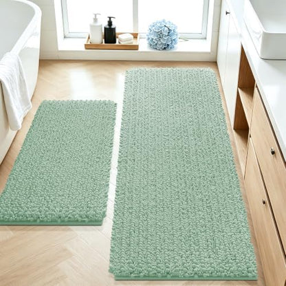 ACCUMTEK Upgrade Luxury 2 Piece Sage Green Toilet Bathroom Rug Mat 48"x20"+24"x17", Ultra Soft Thick Absorbent Bath Mats, Non Slip Chenille Toilet Mat for Bathroom, Bedroom, Kitchen, Shower, Tub