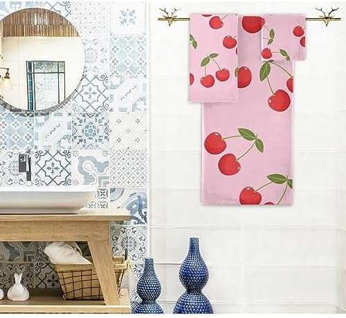 Naanle Soft 1 Bath Towel+1 Hand Towel+1 Washcloth, Cute Cherry Sweet Pattern 3 Towels Set Decor for Home,Bathroom, Hotel, Gym, Spa and Beach